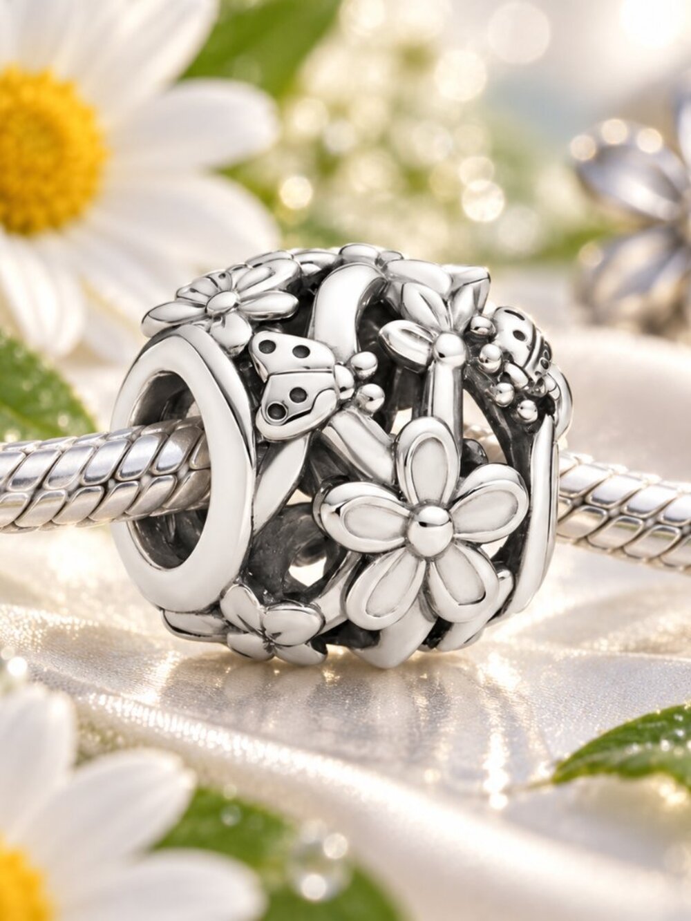 Openwork White Daisy Flower Charm